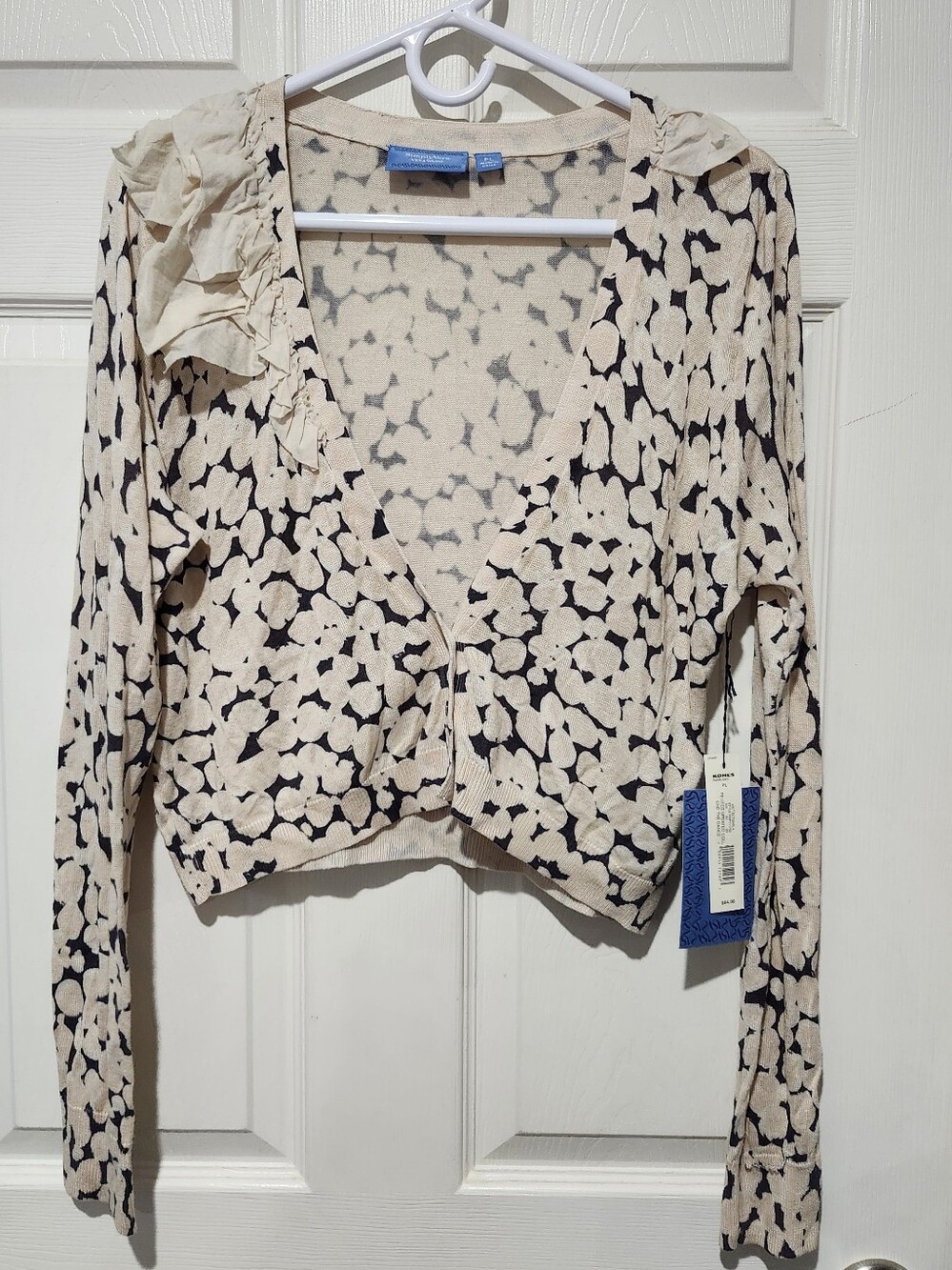 Simply Vera Wang Cream & Black Printed Ruffle V-Neck Cropped Cardigan Size LP